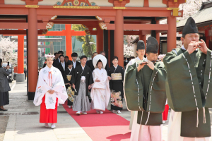 生田神社での結婚式で参進をする新郎新婦